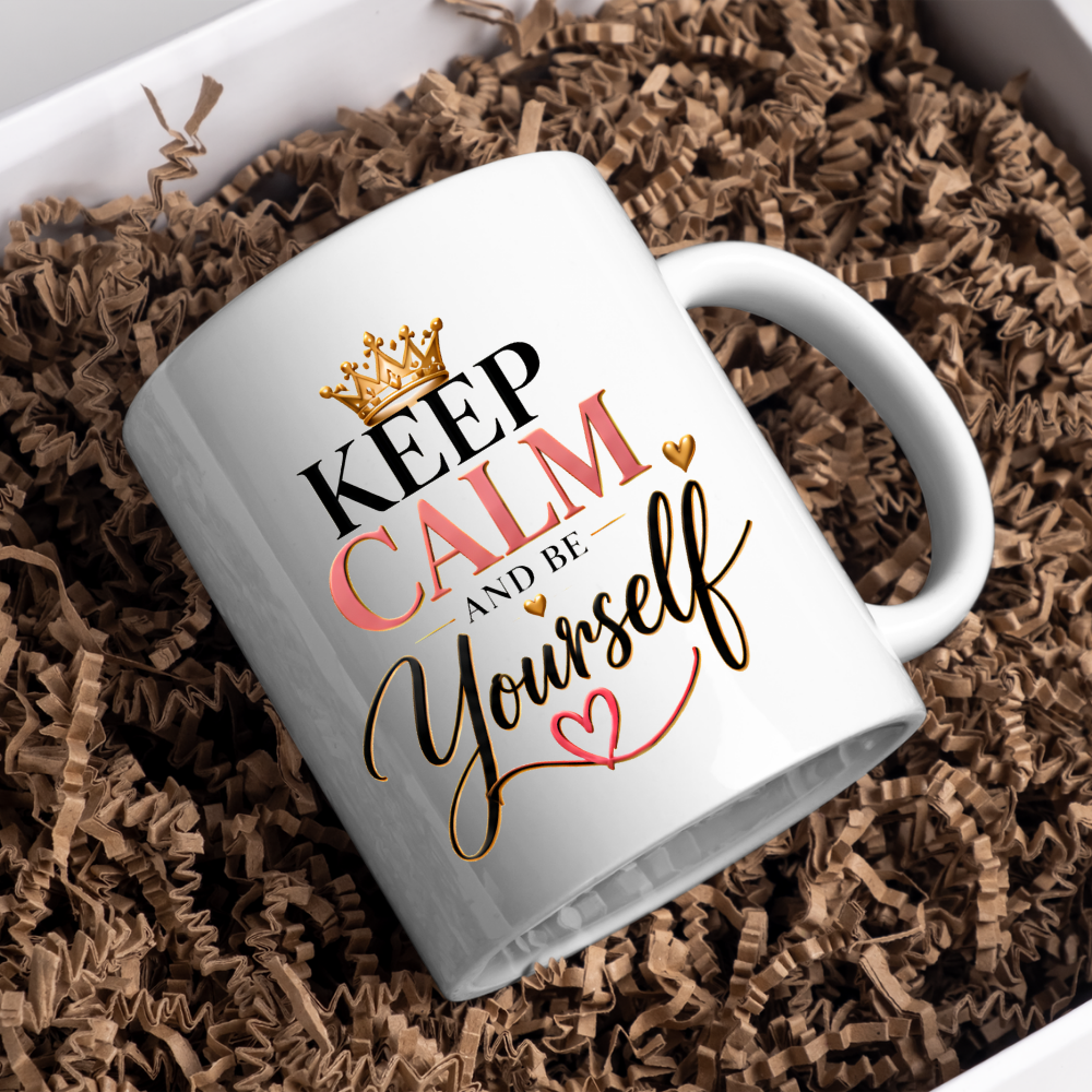 Motivational Mug "Keep Calm And Be Yourself" 325ml Ceramic Coffee Tea Cup – Gold Crown, Elegant Script & Heart Slogan Novelty Gift for Women, Friends, Birthday, Colleagues – Fast Dispatch by UK Seller (M3490)