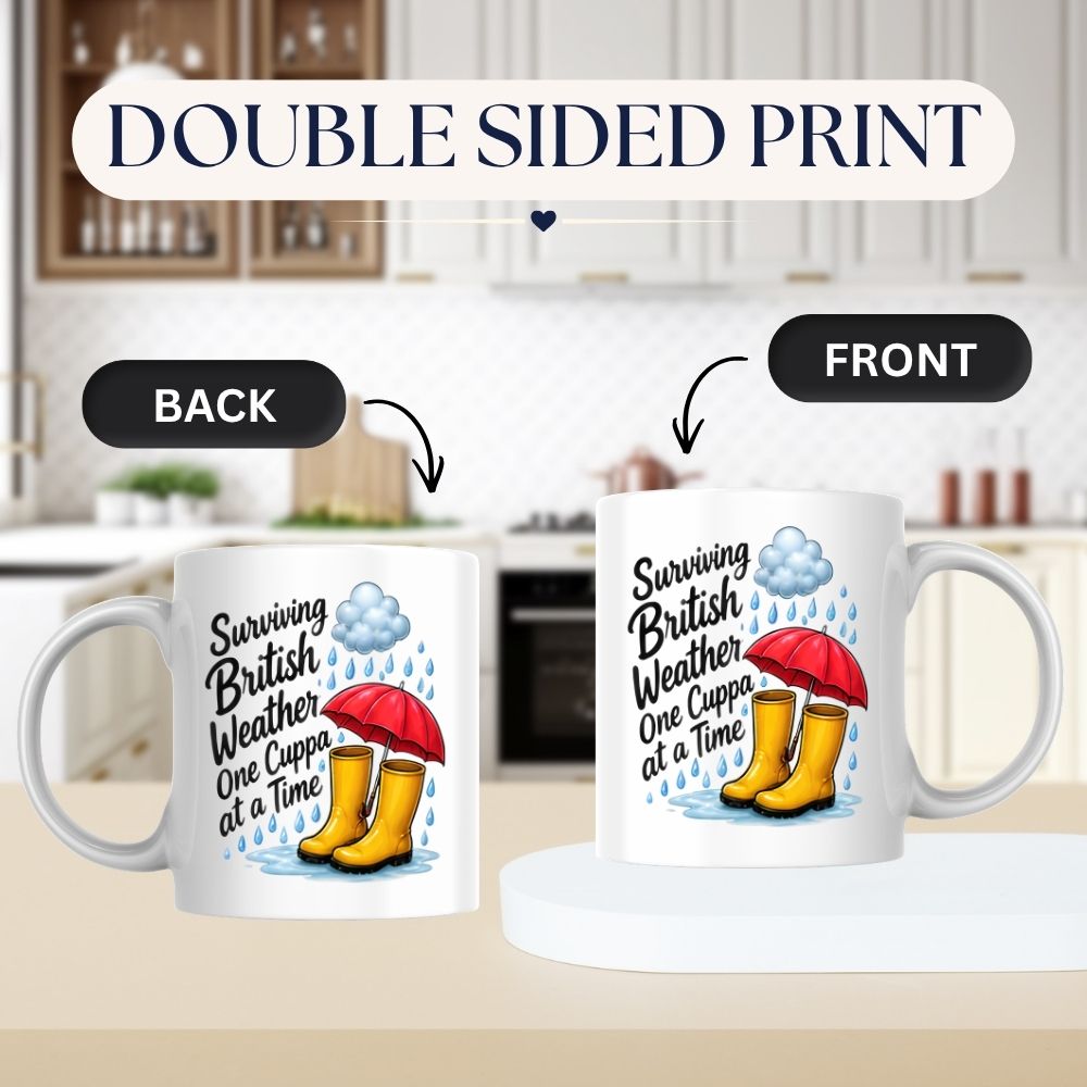 Humorous Mug "Surviving British Weather One Cuppa at a Time" 325ml Ceramic Coffee Mug Funny Rainy Day Tea Cup with Yellow Wellies, Red Umbrella & Raindrops Graphic Gift | Available in Multicolours | Fast Dispatch by UK Seller (M1318)