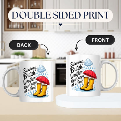 Humorous Mug "Surviving British Weather One Cuppa at a Time" 325ml Ceramic Coffee Mug Funny Rainy Day Tea Cup with Yellow Wellies, Red Umbrella & Raindrops Graphic Gift | Available in Multicolours | Fast Dispatch by UK Seller (M1318)