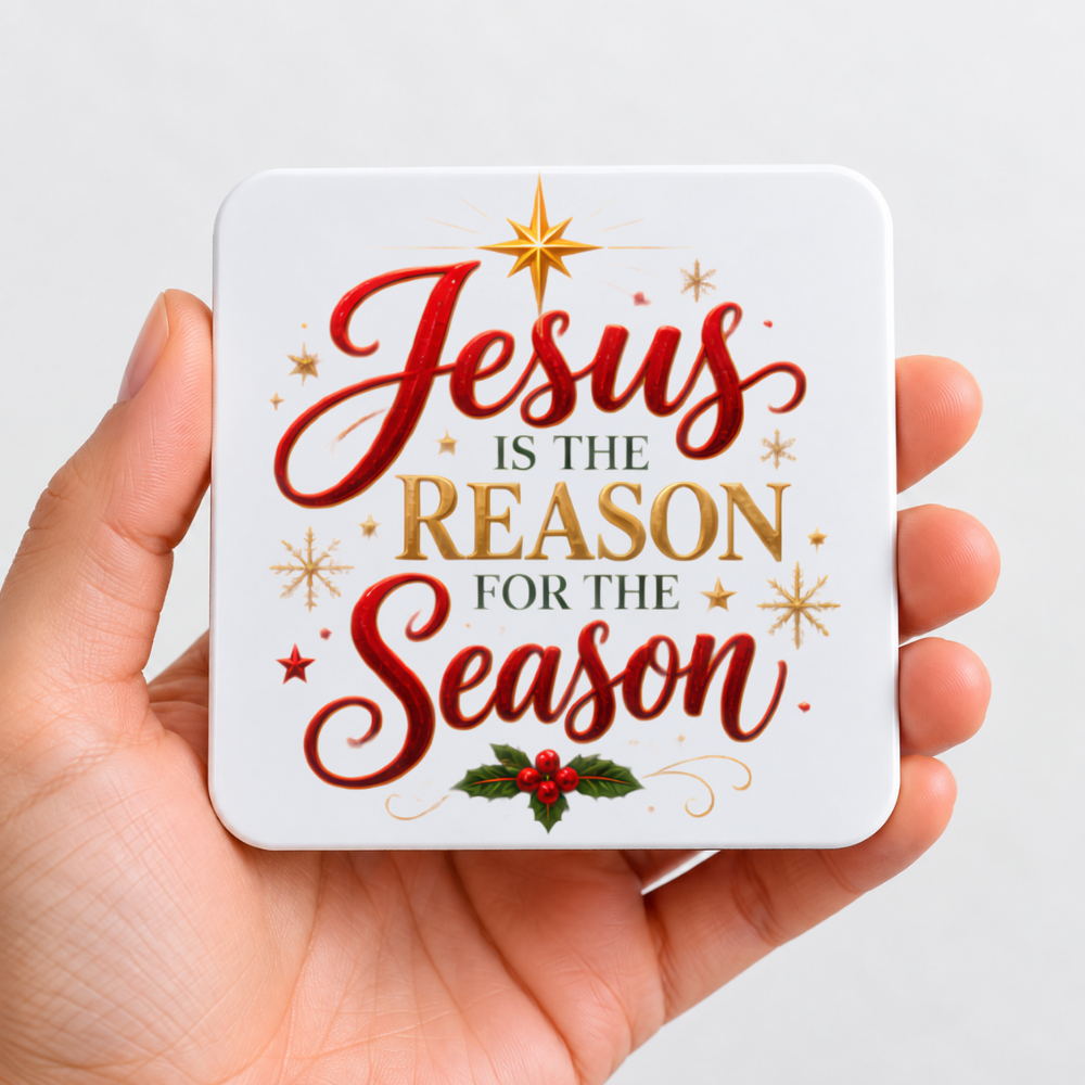 Inspirational Religious Hardboard Coaster "Jesus Is The Reason For The Season" Graphic 9cm x 9cm Square Drinks Coaster "Red Script & Gold S