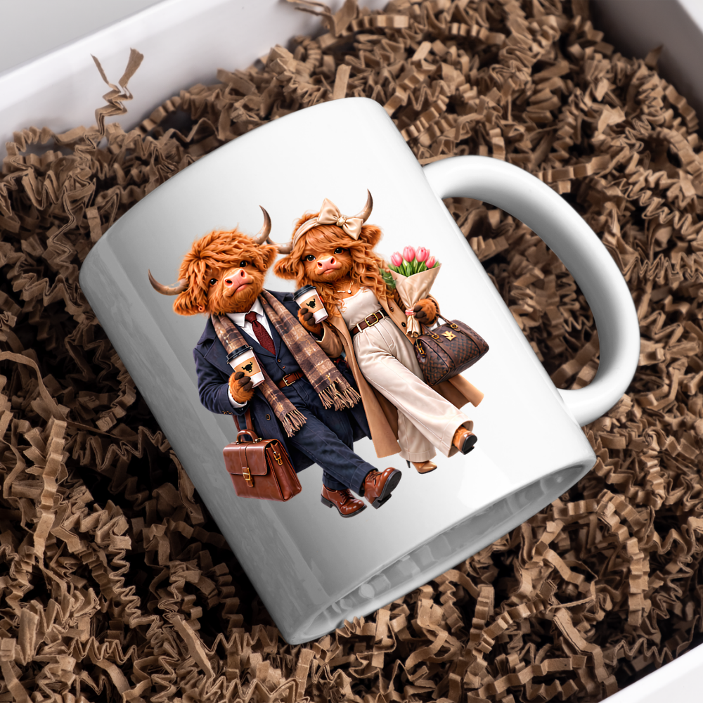 Highland Cow Mug "Dressed To Impress Highland Cow Couple" 325ml Ceramic Coffee Mug – Stylish Highland Cow Couple in Suits Trench Coats Carrying Coffee Romantic Gift For Couples Anniversaries | Available in Multicolours | Fast Dispatch by UK Seller (M3259)