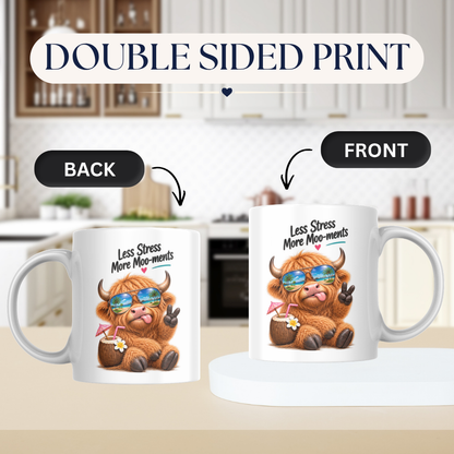 Novelty Mug Relaxing Tropical Highland Cow "Less Stress More Moo-ments" Ceramic Coffee Mug – Beach Vacation Farm Animal with Sunglasses & Coconut Drink Tea Cup Gift | Available in Multicolours | Fast Dispatch by UK Seller (M1226)