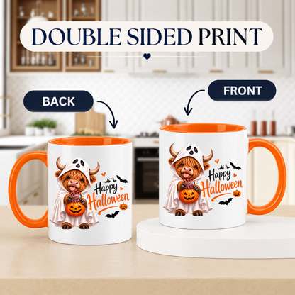 Halloween Mug "Highland Cow Ghost Happy Halloween" Highland Cow Ghost Happy Halloween 325ml Ceramic Coffee Mug – Cute Halloween Autumn Tea Cup With Ghost Sheet Highland Cow Trick Or Treat Sweets Bats Graphic Gift | Fast Dispatch by UK Seller (M3217)
