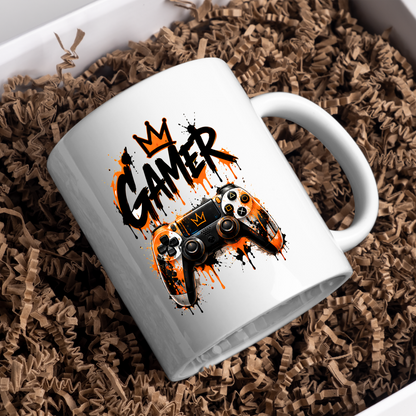 Gaming Mug "Gamer" Gamer 325ml Ceramic Coffee Mug – Gaming Controller Mug with Crown & Orange Paint Splatter Art | Video Game Gift | Fast Dispatch by UK Seller (M3343)