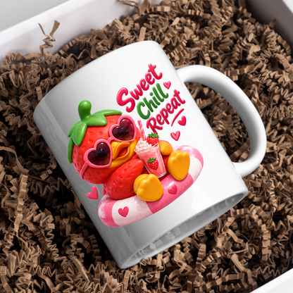 Summer Mug "Sweet Chill Repeat Strawberry Duck" 325ml Ceramic Coffee Mug – Cute Strawberry Duck in Heart Sunglasses on Pool Float With Milkshake Summer Gift For Friends Family | Available in Multicolours | Fast Dispatch by UK Seller (M3246)
