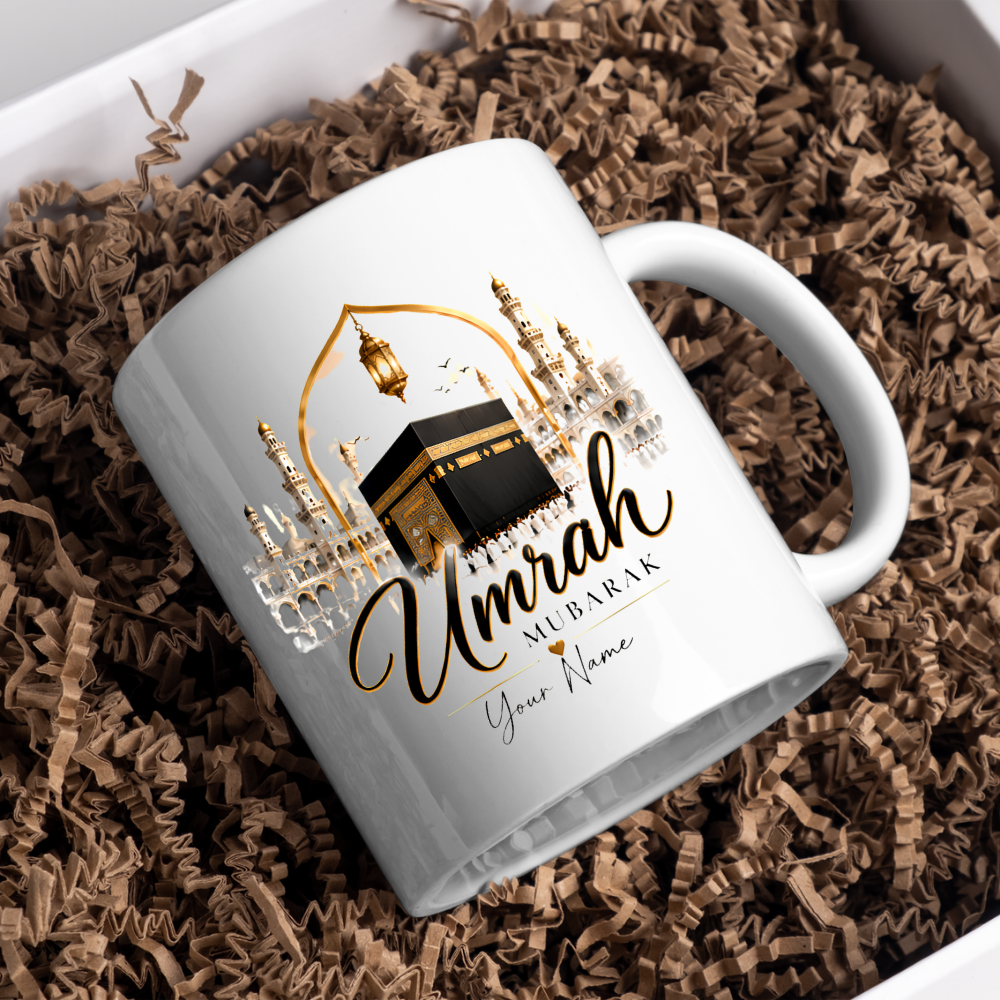 Personalised Umrah Mubarak Mug 325ml Ceramic Coffee Tea Cup – Custom Name, Golden Kaaba & Masjid Al-Haram Architecture Religious Pilgrimage Gift for Family, Friends, Hajj, Umrah Celebration – Fast Dispatch by UK Seller (M3484)
