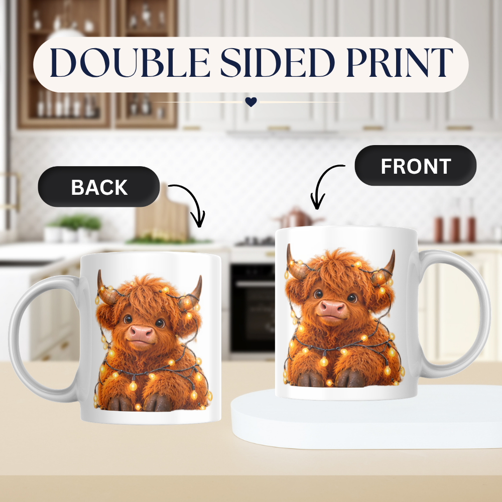 Fairy Lights Highland Cow Ceramic Coffee Mug - Glowing Warm Light Farm Animal Tea Cup for Cozy Winter Nights & Holiday Decor (M1221)