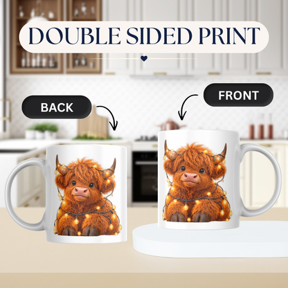 Fairy Lights Highland Cow Ceramic Coffee Mug - Glowing Warm Light Farm Animal Tea Cup for Cozy Winter Nights & Holiday Decor (M1221)
