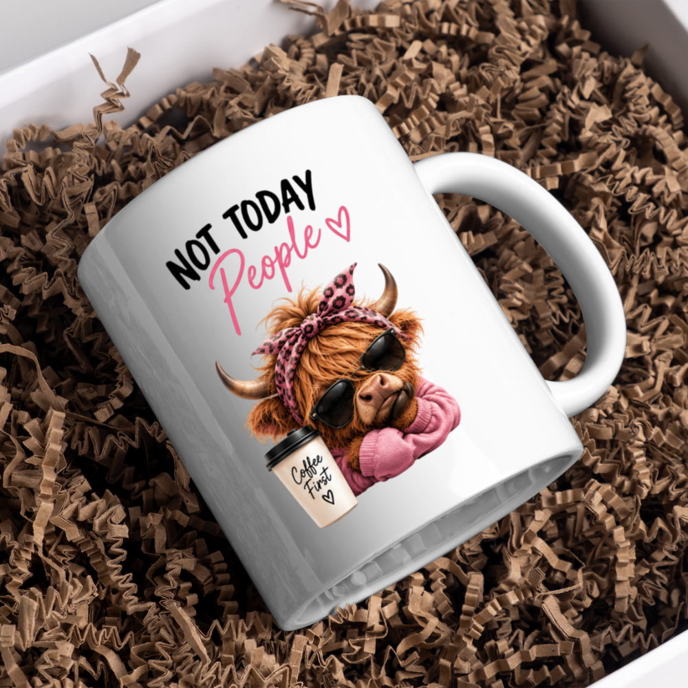 Sassy Highland Cow Mug "Not Today People, Coffee First" Graphic 325ml Ceramic Coffee Cup – Highland Cow in Sunglasses, Pink Hoodie & Leopard Bandana Novelty Tea Cup | Sarcastic Gift for Her | Available in Multicolours | Fast Dispatch by UK Seller (M3134)