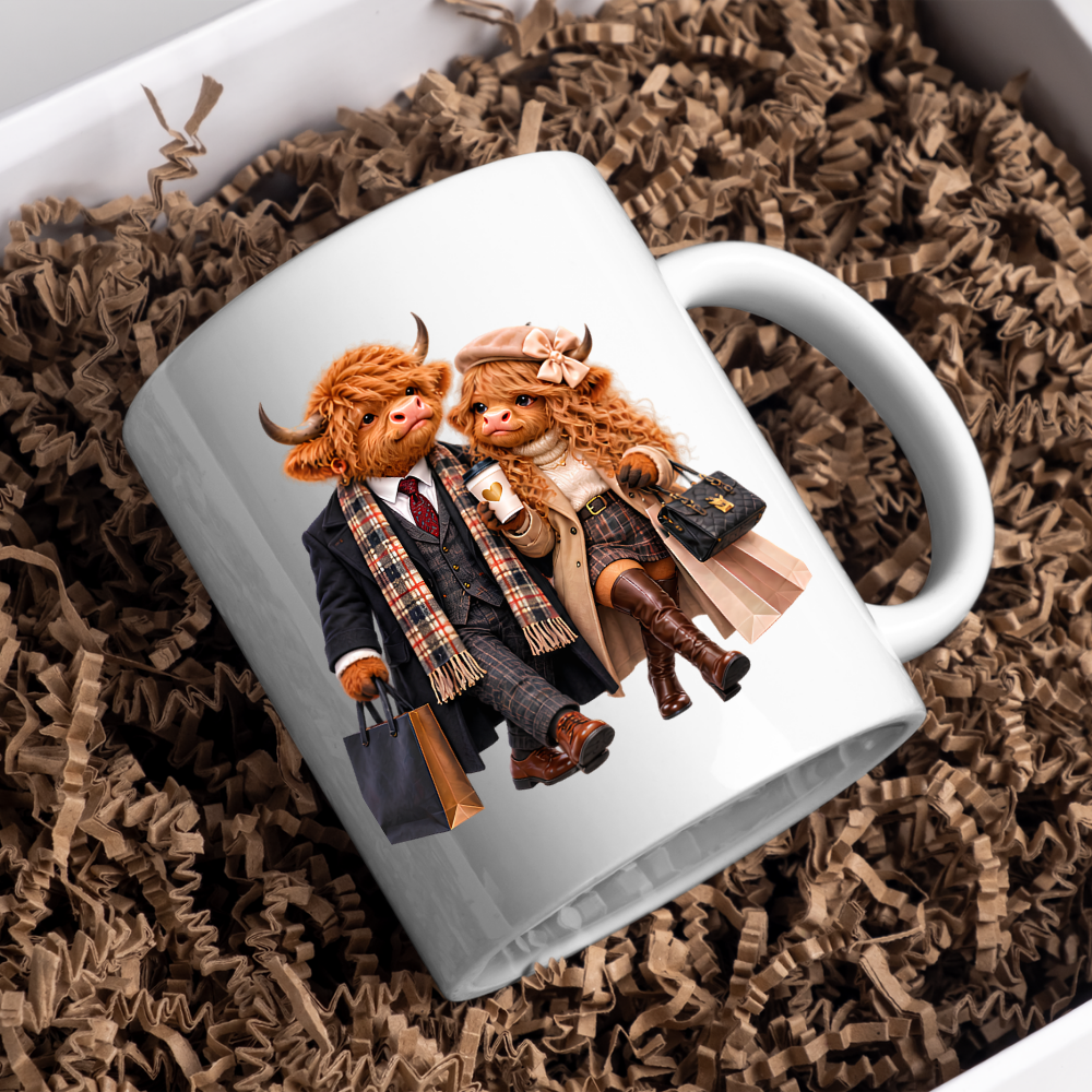 Fashion Mug "Stylish Highland Cow Couple Shopping" Stylish Highland Cow Couple 325ml Ceramic Coffee Mug – Chic Autumn Fashion Tea Cup with Winter Overcoats Designer Handbag Graphic Gift | Available in Multicolours | Fast Dispatch by UK Seller (M3188)