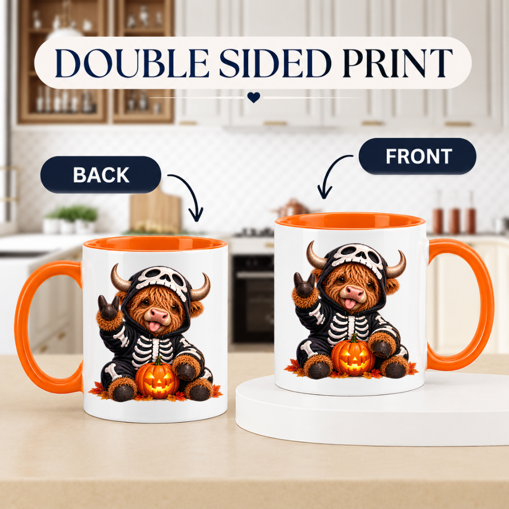 Halloween Mug "Skeleton Hoodie Highland Cow" Skeleton Hoodie Highland Cow 325ml Ceramic Coffee Mug – Halloween Autumn Tea Cup with Skeleton Onesie Skull Hood Glowing Pumpkin Graphic Gift | Available in Multicolours | Fast Dispatch by UK Seller (M3201)