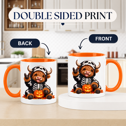 Halloween Mug "Skeleton Hoodie Highland Cow" Skeleton Hoodie Highland Cow 325ml Ceramic Coffee Mug – Halloween Autumn Tea Cup with Skeleton Onesie Skull Hood Glowing Pumpkin Graphic Gift | Available in Multicolours | Fast Dispatch by UK Seller (M3201)