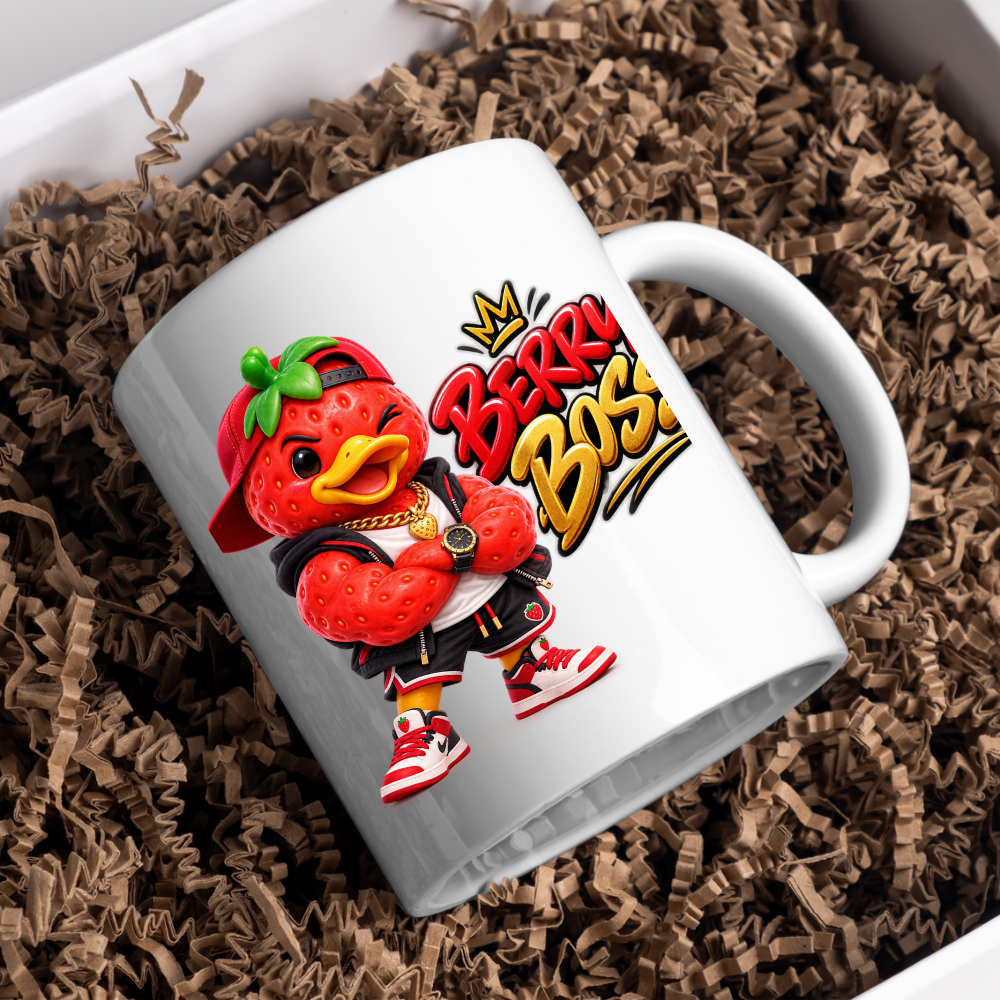 Boss Mug "Berry Boss Cool Strawberry Duck" 325ml Ceramic Coffee Mug – Cool Winking Strawberry Duck in Cap, Hoodie, Gold Chain, Watch Sneakers Streetwear Gift For Bosses Friends Coffee Lovers | Available in Multicolours | Fast Dispatch by UK Seller (M3258)