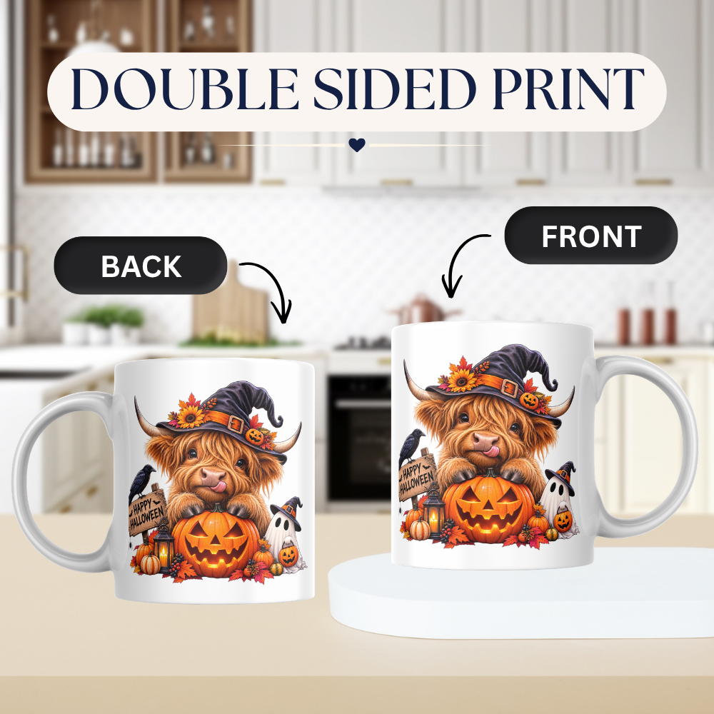 Spooky Cute Halloween Highland Cow Coffee Mug - Witch Hat & Jack-o'-Lantern Pumpkin Ceramic Tea Cup for Fall & Spooky Season Decor (M1212)