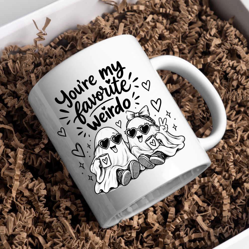 Cute Mug "You’re My Favorite Weirdo" Funny Ghost Coffee Cup, 350ml Ceramic Novelty Mug, Spooky Best Friend Couple Gift for Her Him Girlfriend Boyfriend, Birthday Christmas Halloween Valentine’s Day, Multicolour Options | Fast Dispatch by UK Seller (M1108)