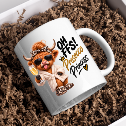 Highland Cow Prosecco Princess Mug "Oh FFS! Prosecco Princess" Oh FFS! Prosecco Princess 325ml Ceramic Coffee Mug – Cute Highland Cow in Bathrobe, Leopard Bow & Slippers holding Champagne Flute | Funny Gift | Fast Dispatch by UK Seller (M3393)