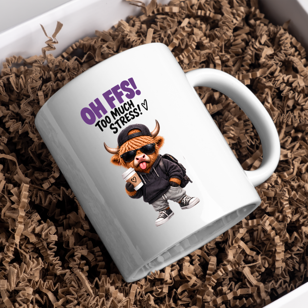 Highland Cow Stress Coffee Mug "OH FFS! Too Much Stress!" Oh Ffs! Too Much Stress! 325ml Ceramic Coffee Mug – Cute Highland Cow in Hoodie, Cap & Sunglasses with Coffee Cup | Funny Work Gift | Fast Dispatch by UK Seller (M3385)