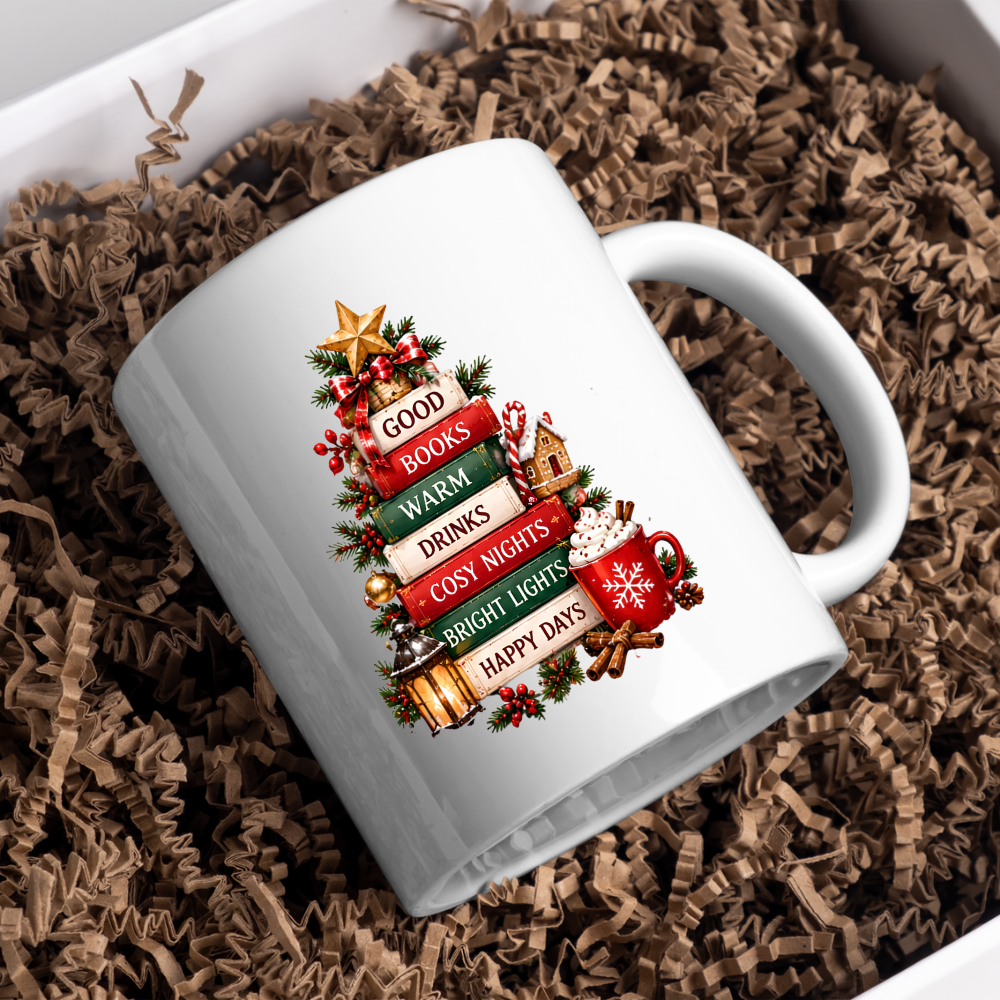 Book Tree Christmas Mug "Good Books Warm Drinks Cosy Nights" Good Books Warm Drinks Cosy Nights 325ml Ceramic Coffee Mug – Festive Christmas Book Stack Tree with Golden Star & Holiday Elements | Winter Gift | Fast Dispatch by UK Seller (M3428)