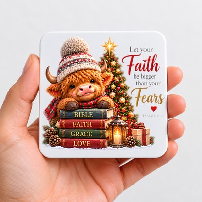 Festive Christian Christmas Coaster "Let Your Faith Be Bigger Than Your Fears Isaiah 41:10" Graphic Glossy Hardboard 9x9cm Drinks Mat – Highland Cow, Stack of Books & Christmas Tree Holiday Tableware Gift | Fast Dispatch by UK Seller (C3060)
