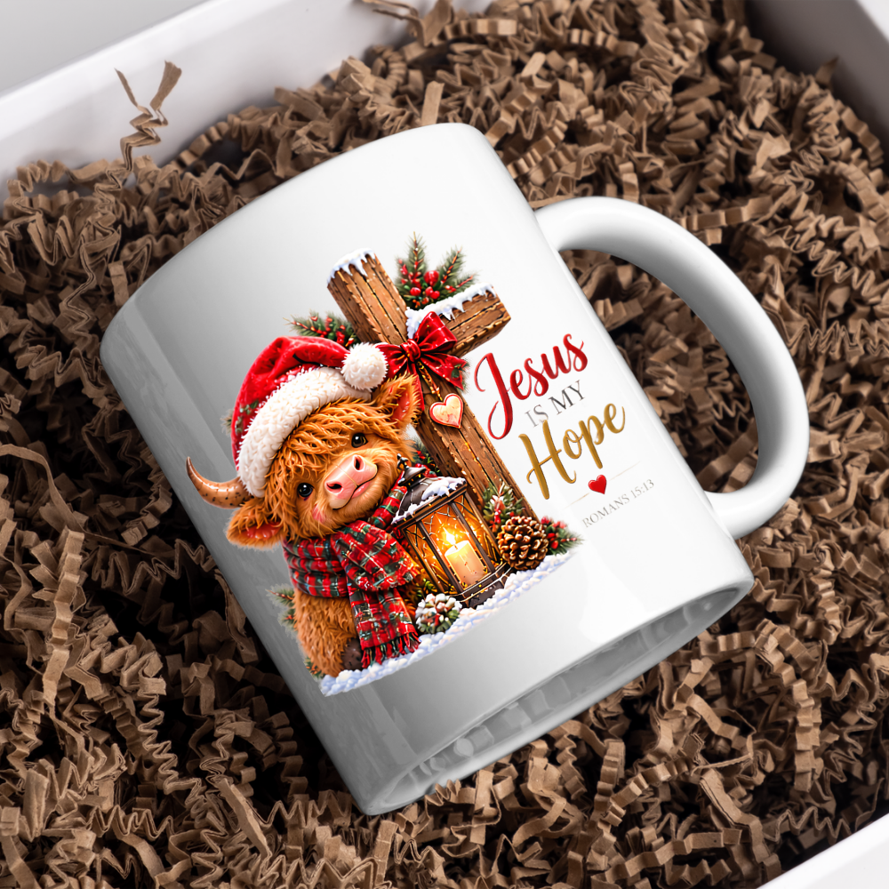 Christmas Mug "Jesus Is My Hope Highland Cow" Jesus Is My Hope Highland Cow 325ml Ceramic Coffee Mug – Festive Highland Coo Mug with Santa Hat Wooden Cross Lantern Christian Holiday Gift | Available in Multicolours | Fast Dispatch by UK Seller (M3305)
