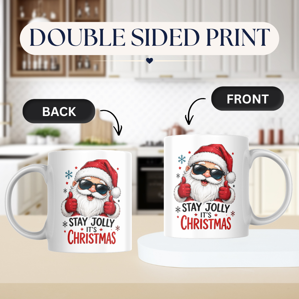 Cool Mug "Stay Jolly It's Christmas" Santa Ceramic Coffee Mug – Funny Holiday Tea Cup with Sunglasses & Thumbs Up Gift 350ml | Available in Multicolours | Fast Dispatch by UK Seller (M1235)