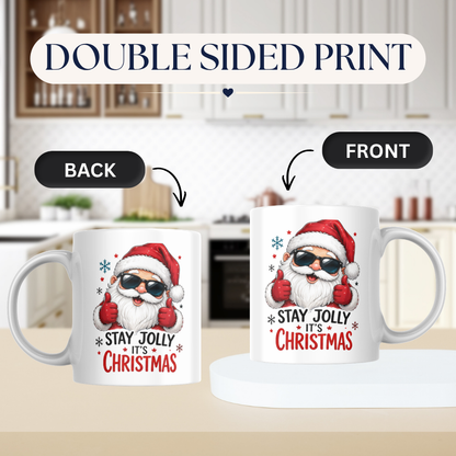Cool Mug "Stay Jolly It's Christmas" Santa Ceramic Coffee Mug – Funny Holiday Tea Cup with Sunglasses & Thumbs Up Gift 350ml | Available in Multicolours | Fast Dispatch by UK Seller (M1235)