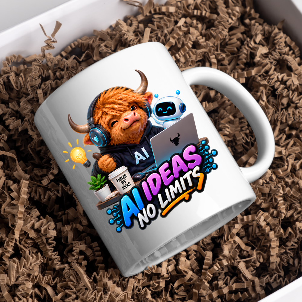 Tech Mug "AI Ideas No Limits Highland Cow" 325ml Ceramic Mug – Cute Highland Cow in Hoodie with Laptop, Headphones Little Robot Companion Modern Tech Gift For Developers AI Enthusiasts | Available in Multicolours | Fast Dispatch by UK Seller (M3228)