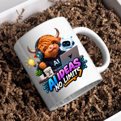 Tech Mug "AI Ideas No Limits Highland Cow" 325ml Ceramic Mug – Cute Highland Cow in Hoodie with Laptop, Headphones Little Robot Companion Modern Tech Gift For Developers AI Enthusiasts | Available in Multicolours | Fast Dispatch by UK Seller (M3228)