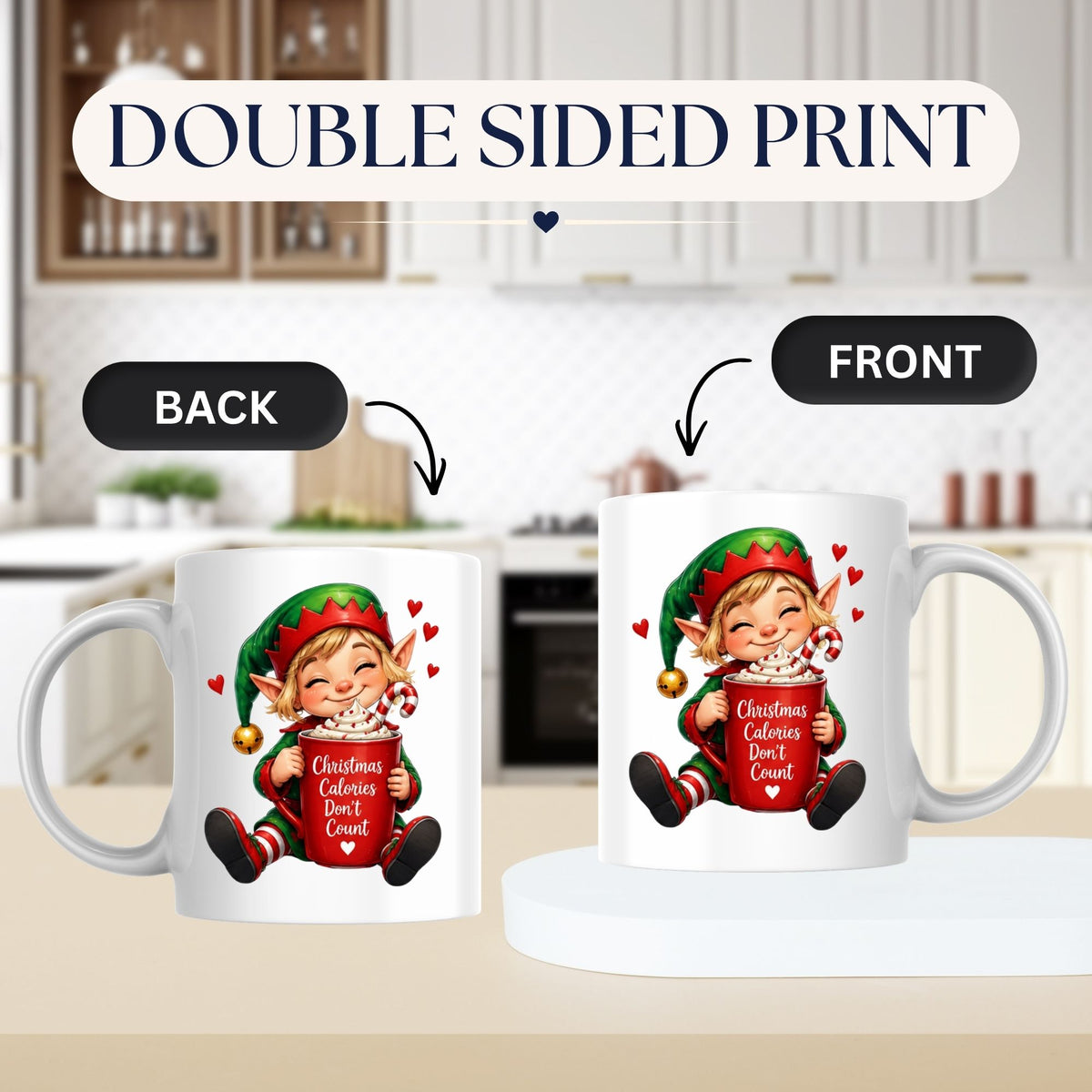 Cozy Mug "Christmas Calories Don't Count" Christmas Elf 325ml Ceramic Coffee Mug Funny Holiday Tea Cup with Whipped Cream & Candy Cane Gift | Available in Multicolours | Fast Dispatch by UK Seller (M1245)