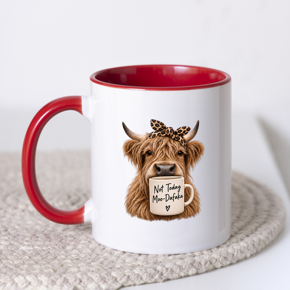 Sarcastic Mug "Not Today Moo-Dafaka" Highland Cow 325ml Ceramic Coffee Mug Funny Cow Tea Cup with Leopard Print Bow & Mini Mug Graphic Gift | Available in Multicolours | Fast Dispatch by UK Seller (M3006)