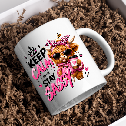 Highland Cow Mug "Keep Calm And Stay Sassy" 325ml Ceramic Coffee Tea Cup – Pink Leopard Bow, Hoodie, Coffee & Slogan Novelty Gift for Bestie, Women, Birthday – Fast Dispatch by UK Seller (M3503)