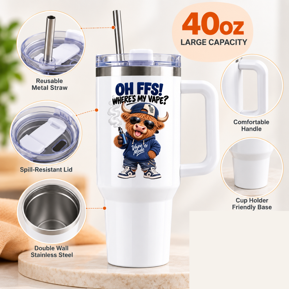 Funny Highland Cow 40oz Tumbler “OH FFS! Where’s My V?” – Boy & Girl Designs | Large White Reusable Travel Cup with Handle & Straw | Cheeky & Sarcastic Gift for Him, Her, Friends & Couples | Fast Dispatch by UK Seller (T1001)
