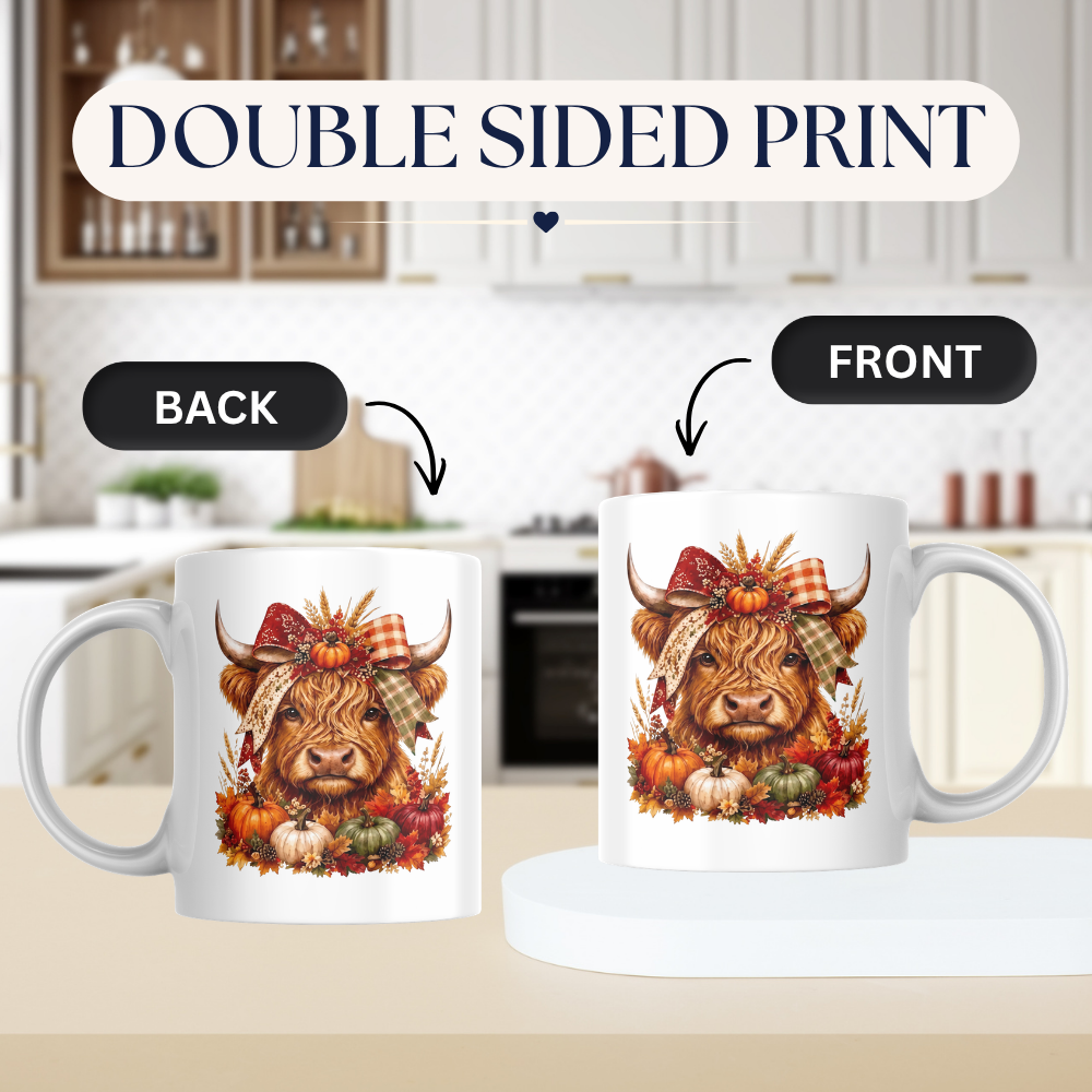 Autumn Harvest Highland Cow Coffee Mug - Fall Pumpkin & Plaid Bow Farmhouse Animal Ceramic Tea Cup for Thanksgiving & Rustic Kitchen Decor (M1207)