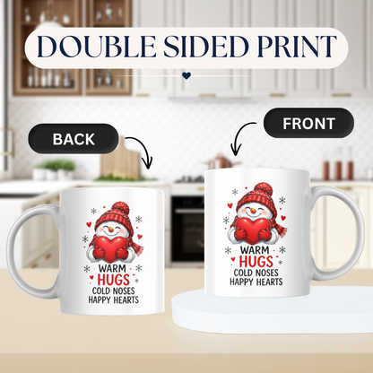 Heartwarming Mug "Warm Hugs" Snowman Ceramic Coffee Mug – Cute Winter Holiday Tea Cup with Red Heart & Scarf Gift 350ml | Available in Multicolours | Fast Dispatch by UK Seller (M1232)
