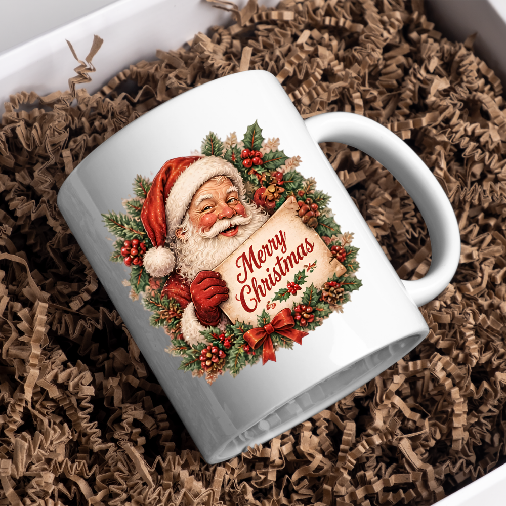 Vintage Santa Claus Christmas Scroll Mug "Merry Christmas" Vintage Santa Claus 325ml Ceramic Coffee Mug – Nostalgic Santa Claus holding Merry Christmas Scroll with Holly Wreath & Red Bow | Festive Holiday Gift | Fast Dispatch by UK Seller (M3414)