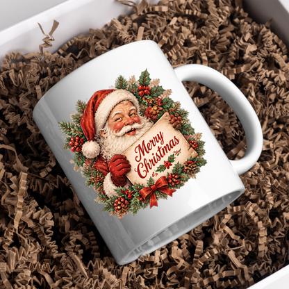 Vintage Santa Claus Christmas Scroll Mug "Merry Christmas" Vintage Santa Claus 325ml Ceramic Coffee Mug – Nostalgic Santa Claus holding Merry Christmas Scroll with Holly Wreath & Red Bow | Festive Holiday Gift | Fast Dispatch by UK Seller (M3414)