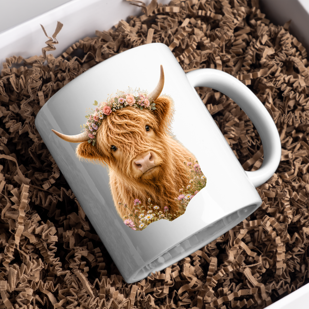 Floral Mug "Boho Highland Cow" Floral Crown Highland Cow 325ml Ceramic Coffee Mug Pretty Botanical Tea Cup with Pink Rose Flower Crown Graphic Gift | Available in Multicolours | Fast Dispatch by UK Seller (M3152)