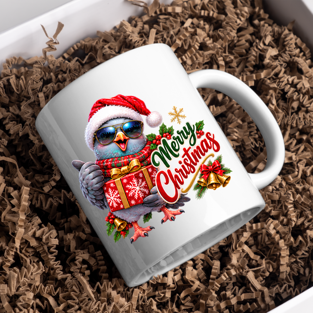 Christmas Mug "Merry Christmas Cool Pigeon" Merry Christmas 325ml Ceramic Coffee Mug – Cool Winking Pigeon in Santa Hat, Sunglasses, Scarf Holding Wrapped Christmas Gift Festive Holiday Gift | Available in Multicolours | Fast Dispatch by UK Seller (M3265)