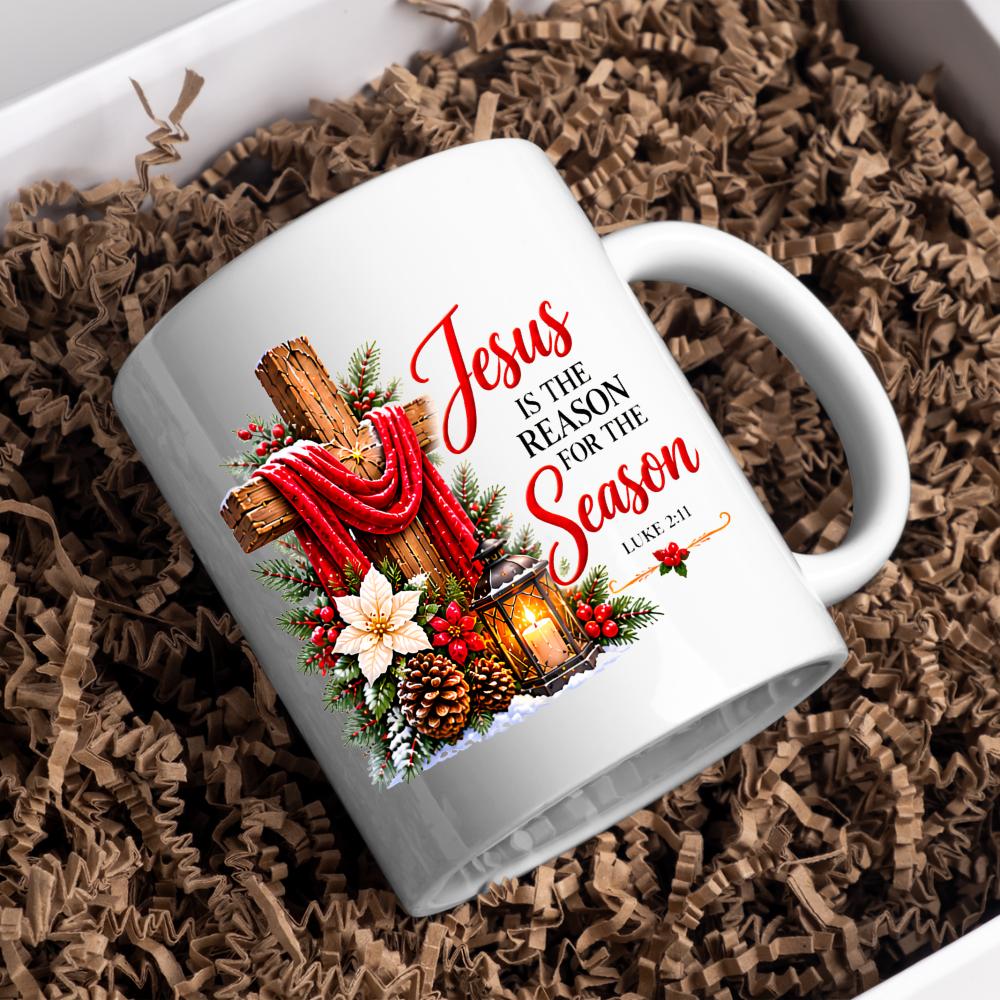 Religious Christmas Mug "Jesus Is The Reason For The Season" Jesus Is The Reason For The Season 325ml Ceramic Coffee Mug – Christian Christmas Cross Mug with Luke 2:11, Lantern & Poinsettia | Religious Holiday Gift | Fast Dispatch by UK Seller (M3337)