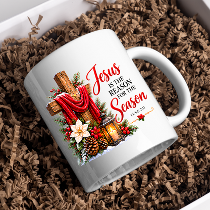 Religious Christmas Mug "Jesus Is The Reason For The Season" Jesus Is The Reason For The Season 325ml Ceramic Coffee Mug – Christian Christmas Cross Mug with Luke 2:11, Lantern & Poinsettia | Religious Holiday Gift | Fast Dispatch by UK Seller (M3337)