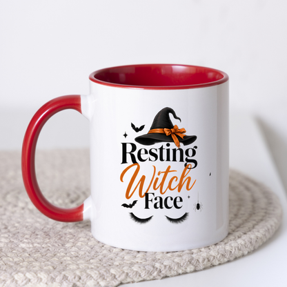 Halloween Mug "Resting Witch Face" Witch Hat 325ml Ceramic Coffee Mug – Sassy Eyelashes Tea Cup with Bow & Spider Graphic Gift | Available in Multicolours | Fast Dispatch by UK Seller (M3076)