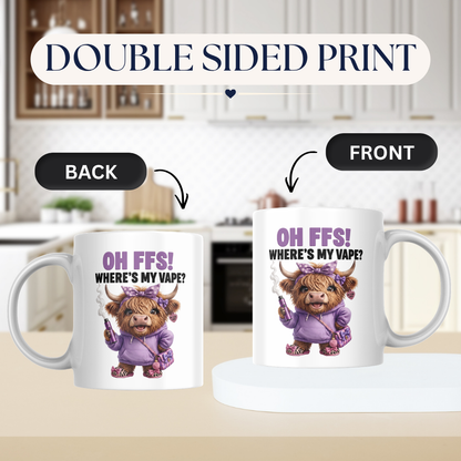 Funny Highland Cow "Where's My Vape" Coffee Mug - Sarcastic Meme Animal Ceramic Tea Cup for Vapers & Novelty Gift (M1205)