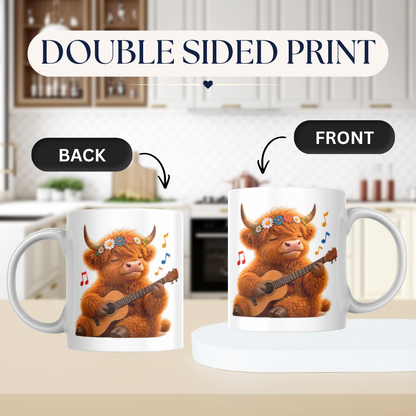 Highland Cow Playing Guitar Ceramic Coffee Mug - Cute Fluffy Farm Animal Flower Crown Tea Cup for Musicians & Music Lovers (M1219)