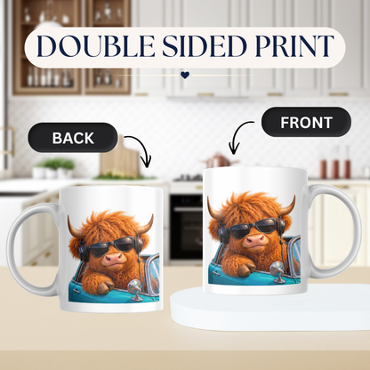 Cool Highland Cow Driving Convertible Car Coffee Mug - Sunglasses & Headphones Farm Animal Ceramic Tea Cup for Drivers & Music Lovers (M1217)