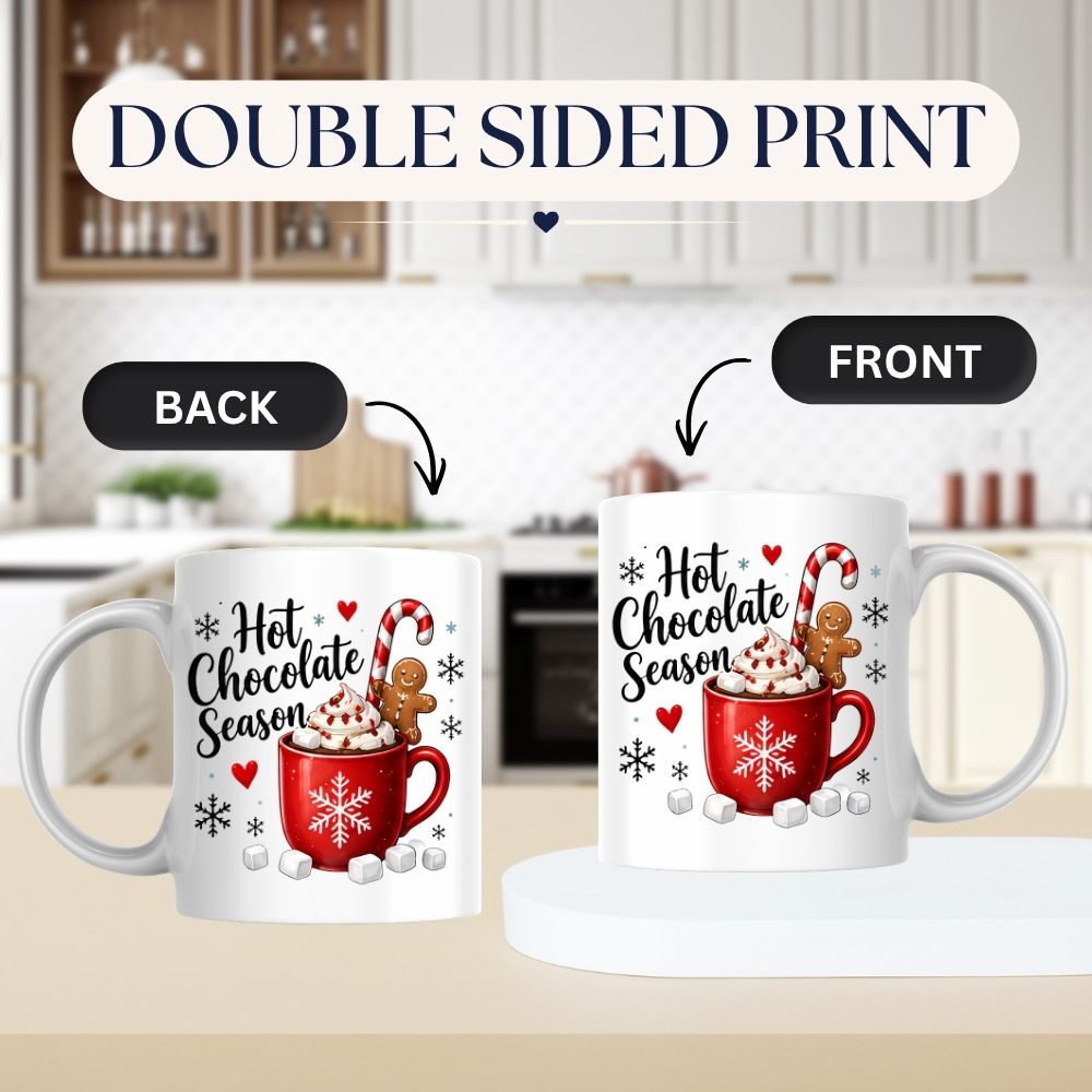 Cozy Mug "Hot Chocolate Season" Red Snowflake 325ml Ceramic Coffee Mug – Winter Holiday Tea Cup with Marshmallows, Gingerbread Man & Candy Cane | Available in Multicolours | Fast Dispatch by UK Seller (M1270)