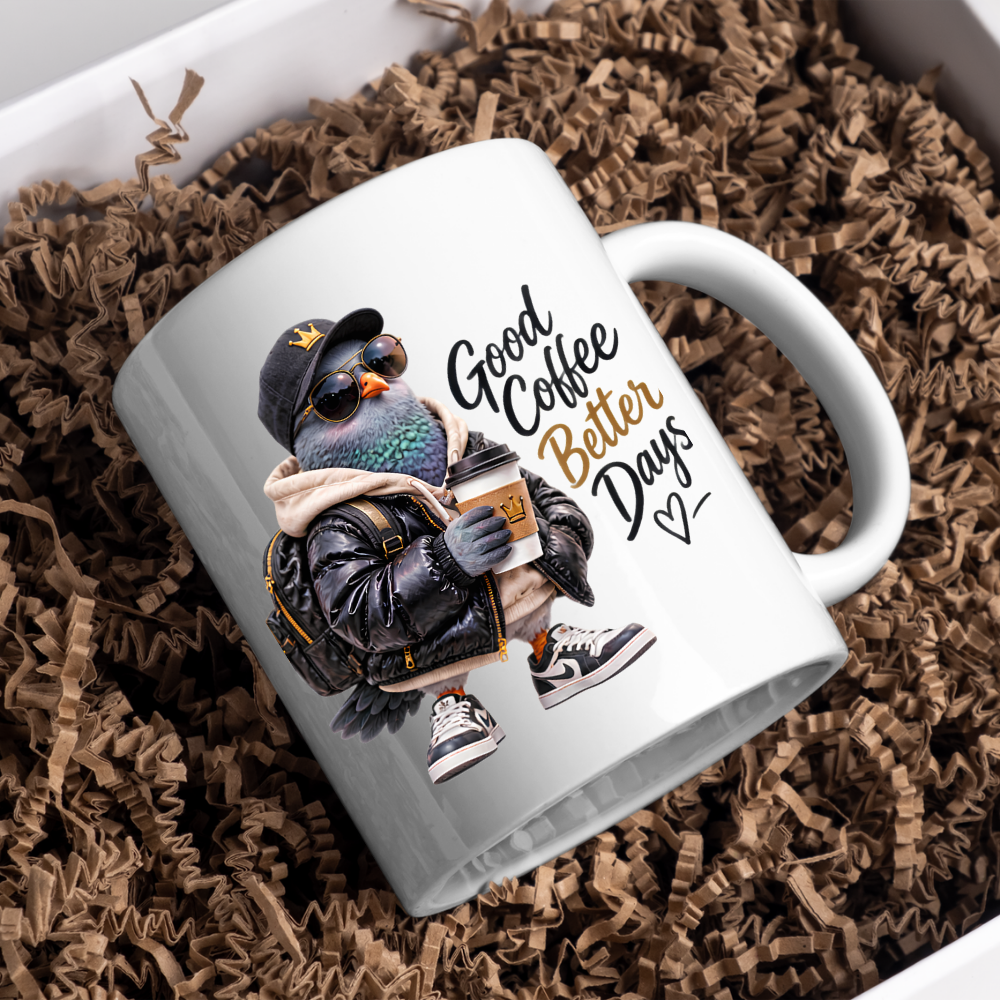 Coffee Mug "Good Coffee Better Days Cool Pigeon" 325ml Ceramic Coffee Mug – Cool Pigeon in Cap, Sunglasses, Puffer Jacket Sneakers Funny Streetwear Bird Mug Gift For Coffee Lovers Friends | Available in Multicolours | Fast Dispatch by UK Seller (M3234)