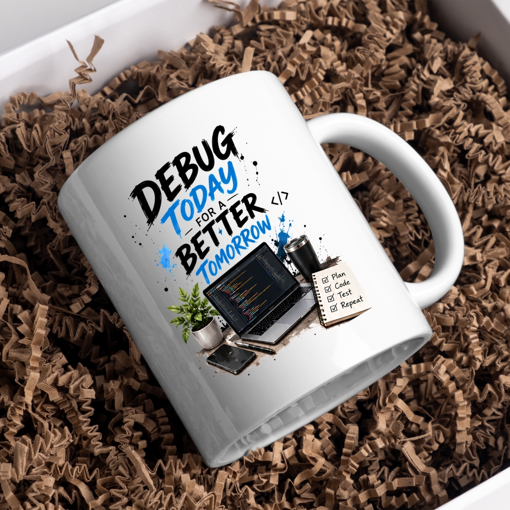 Tech Mug "Debug Today For A Better Tomorrow" Debug Today For A Better Tomorrow 325ml Ceramic Coffee Mug – Developer Desk Mug with Laptop Code, Smartphone & Plan Code Test Repeat Notepad | IT Gift | Fast Dispatch by UK Seller (M3331)