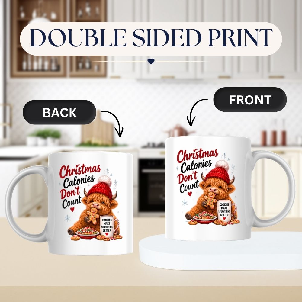 Festive Mug "Christmas Calories Don't Count" Highland Cow 325ml Ceramic Coffee Mug Cute Holiday Tea Cup with Gingerbread Man, Beanie & Cookies Gift | Available in Multicolours | Fast Dispatch by UK Seller (M1296)
