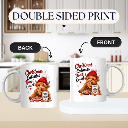 Festive Mug "Christmas Calories Don't Count" Highland Cow 325ml Ceramic Coffee Mug Cute Holiday Tea Cup with Gingerbread Man, Beanie & Cookies Gift | Available in Multicolours | Fast Dispatch by UK Seller (M1296)