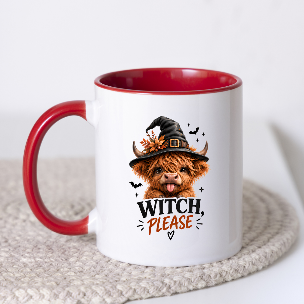 Sassy Halloween Highland Cow Mug "Witch, Please" Graphic 325ml Ceramic Coffee Cup Cute Highland Cow in Witch Hat with Bats Novelty Tea Cup | Funny Spooky Season Gift for Her | Available in Multicolours | Fast Dispatch by UK Seller (M3133)